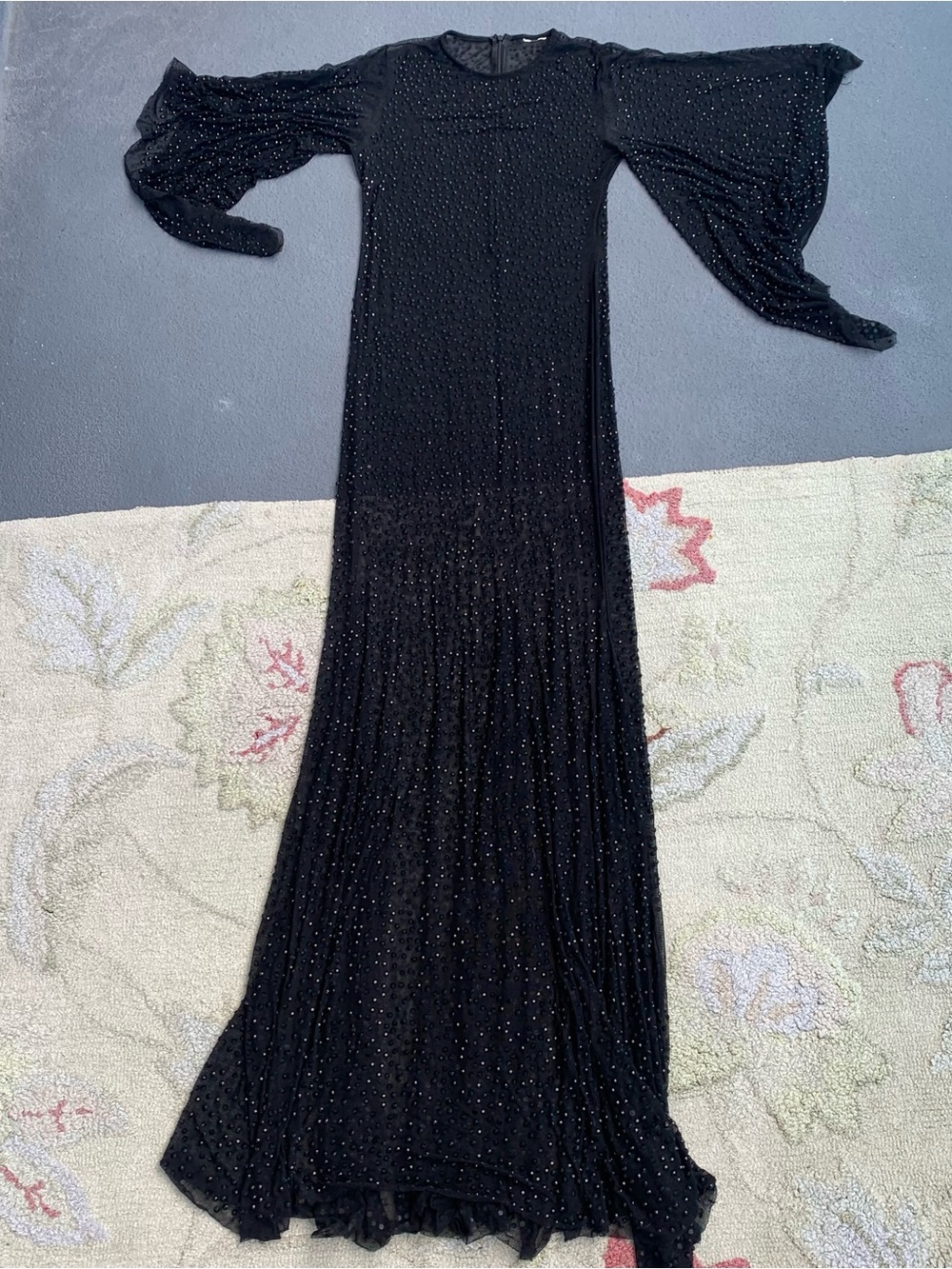 black Mesh see through long-sleeved beaded evening gown size S